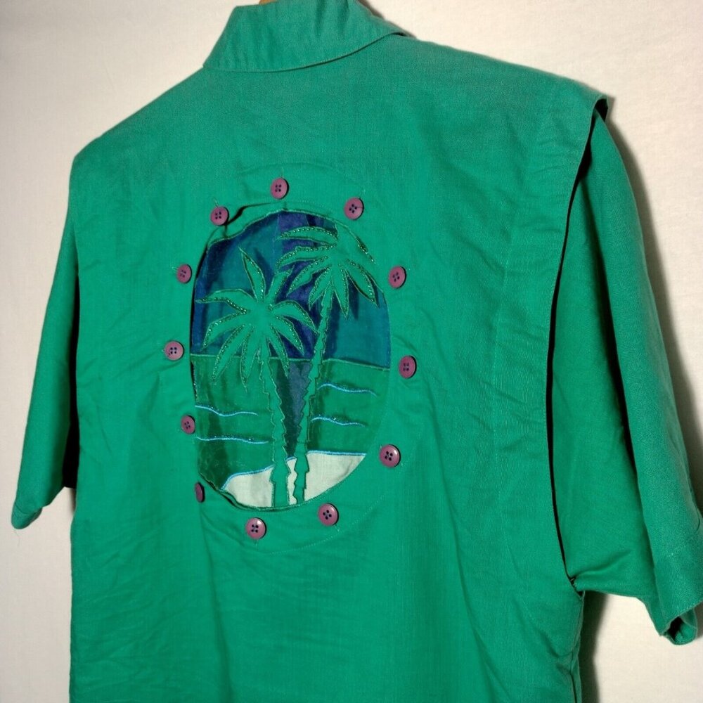 Bonnie Boerer Unlimited Blouse S Green Button Nautical Porthole Palm Tree Cruise - Picture 8 of 16